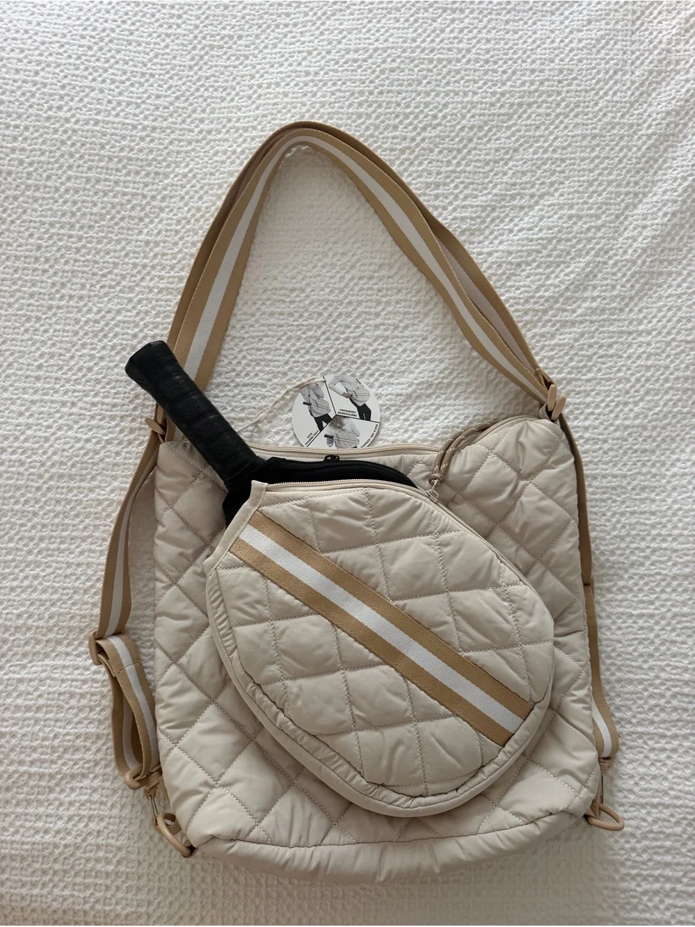 NWT Mine Women’s Quilted Cream Pickleball  Bag with Tan Stripe 3 in 1